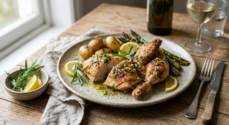 Roast guinea fowl with tarragon and lemon sauce