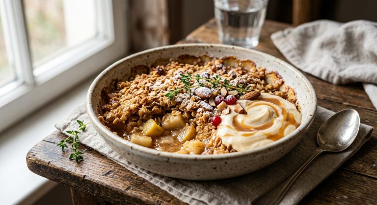 Pear and apple crumble with caramel crème fraîche