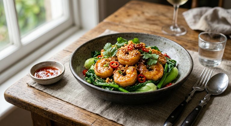 Golden fragrant prawns and garlic greens