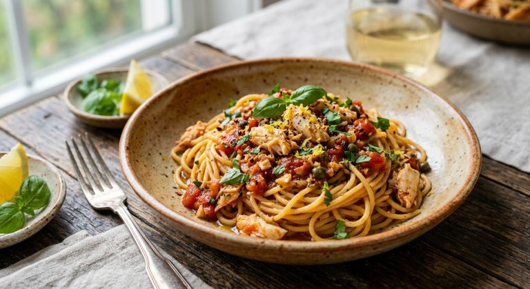 Crab spaghetti in a tomato and caper sauce