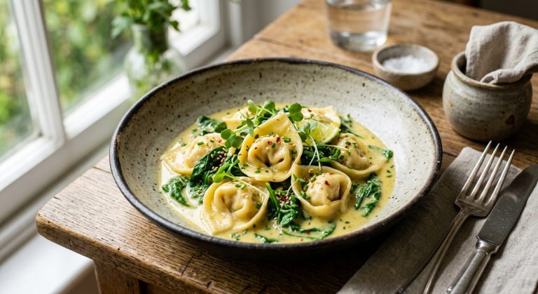 Crab tortellini with a lemongrass and ginger sauce and wilted spinach
