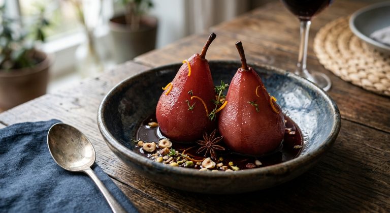 Pears poached in red wine