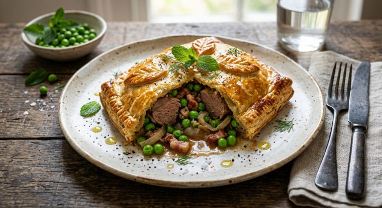 Lamb baked in a crust with fresh peas, onions and pancetta