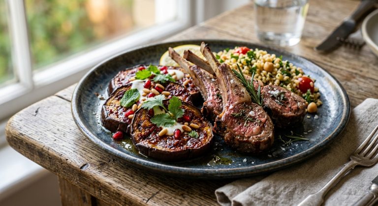 Lamb chops with harissa glazed aubergine