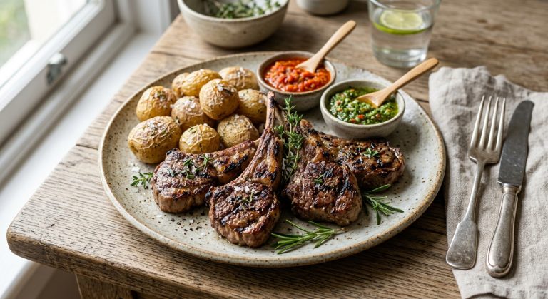 Lamb cutlets with wrinkled potatoes, red and green salsa