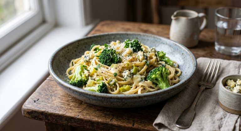 Creamy leek, broccoli and Stilton linguine