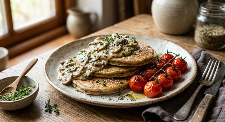 Creamy mushroom pancakes with thyme-roasted tomatoes