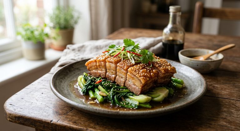 Crisp pork belly with Chinese greens