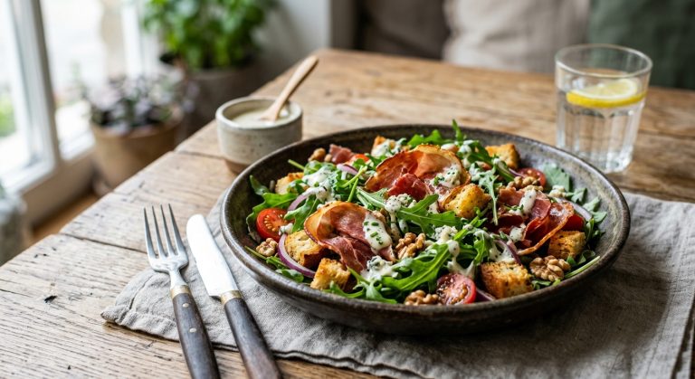 Crisp parma ham, rocket and croûton salad with gorgonzola dressing