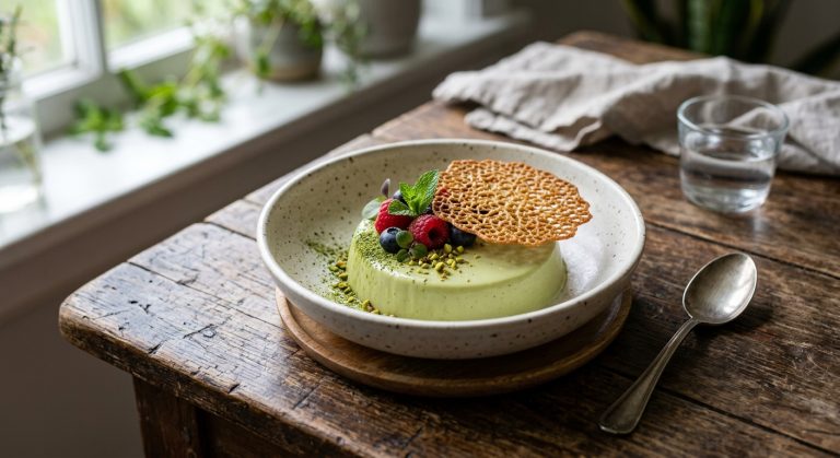 Green tea panna cotta with cardamom tuile biscuits