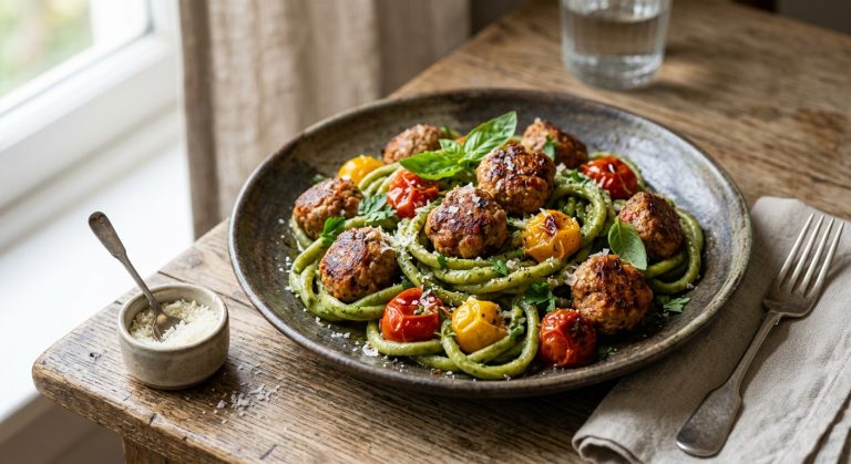 Pici verde with roast tomatoes and paprika meatballs