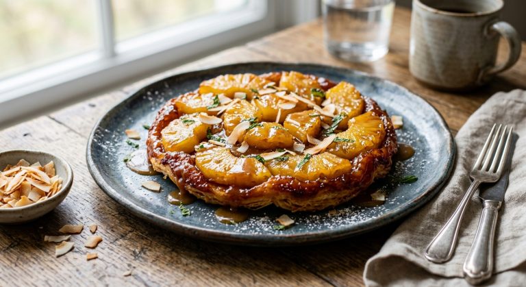 Pineapple tarte tatin with coconut and caramel sauce