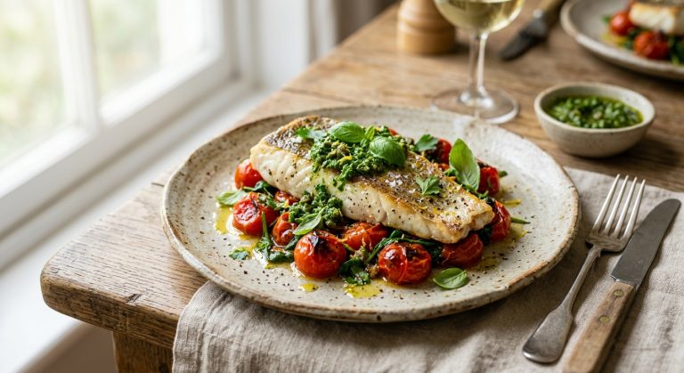 Roasted hake and cherry tomatoes with salsa verde