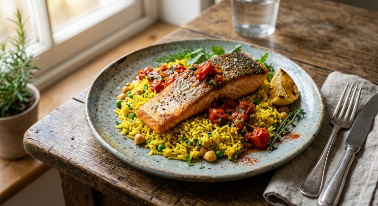 Crisp salmon with turmeric rice and warm tomato dressing