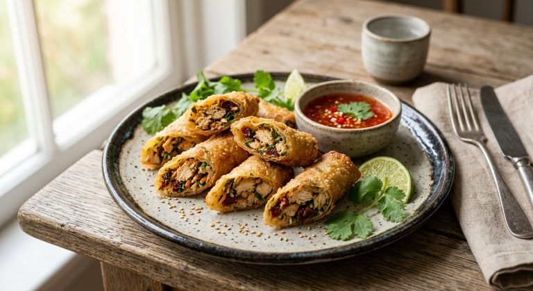 Crispy chicken and sun-dried tomato spring rolls