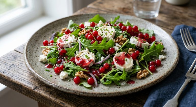 Rocket and goats' cheese salad with warm redcurrant dressing