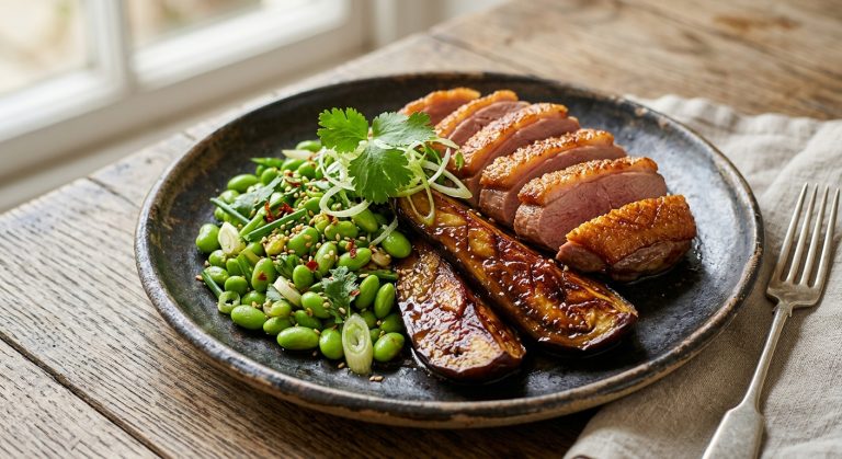 Crispy duck breast with glazed miso aubergine and edamame beans