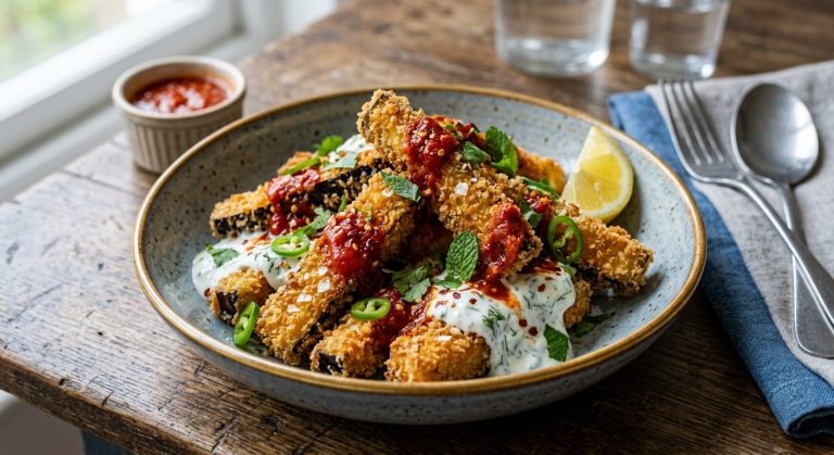 Crispy fried aubergine, chilli sauce and garlic yoghurt