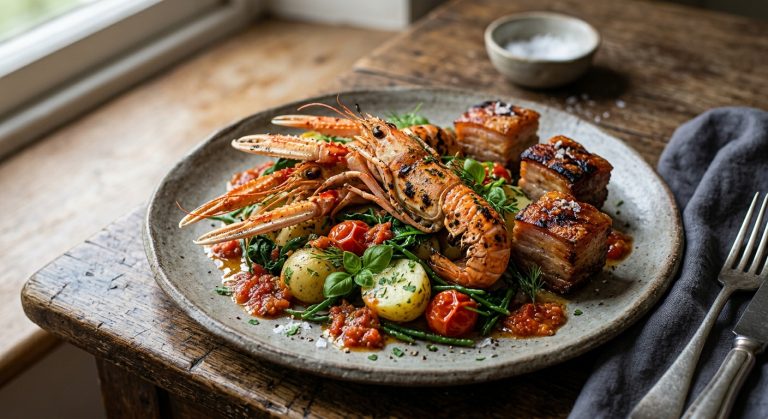 Langoustines with chargrilled pork belly and tomato dressing