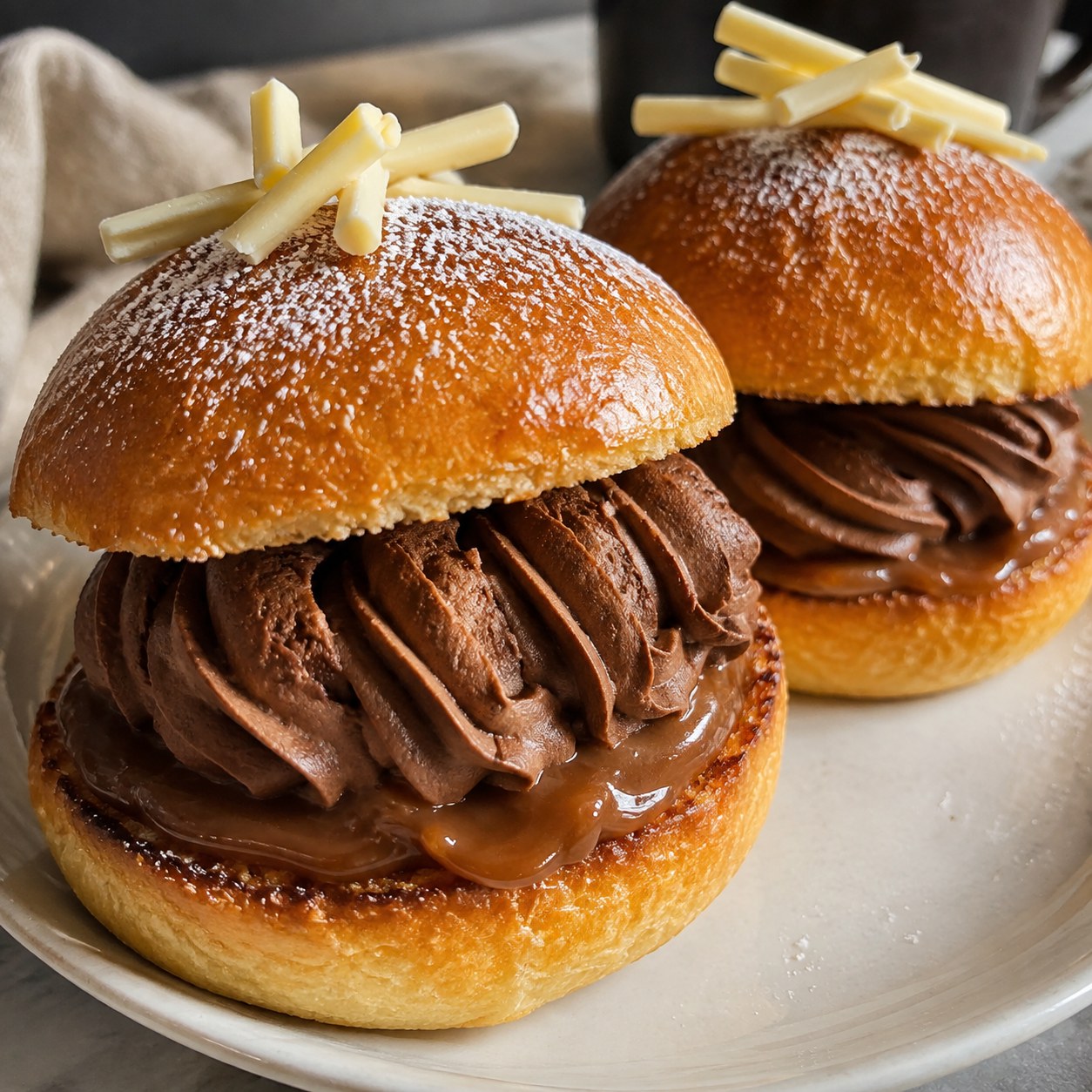 Browned butter caramel and chocolate mousse brioche rolls