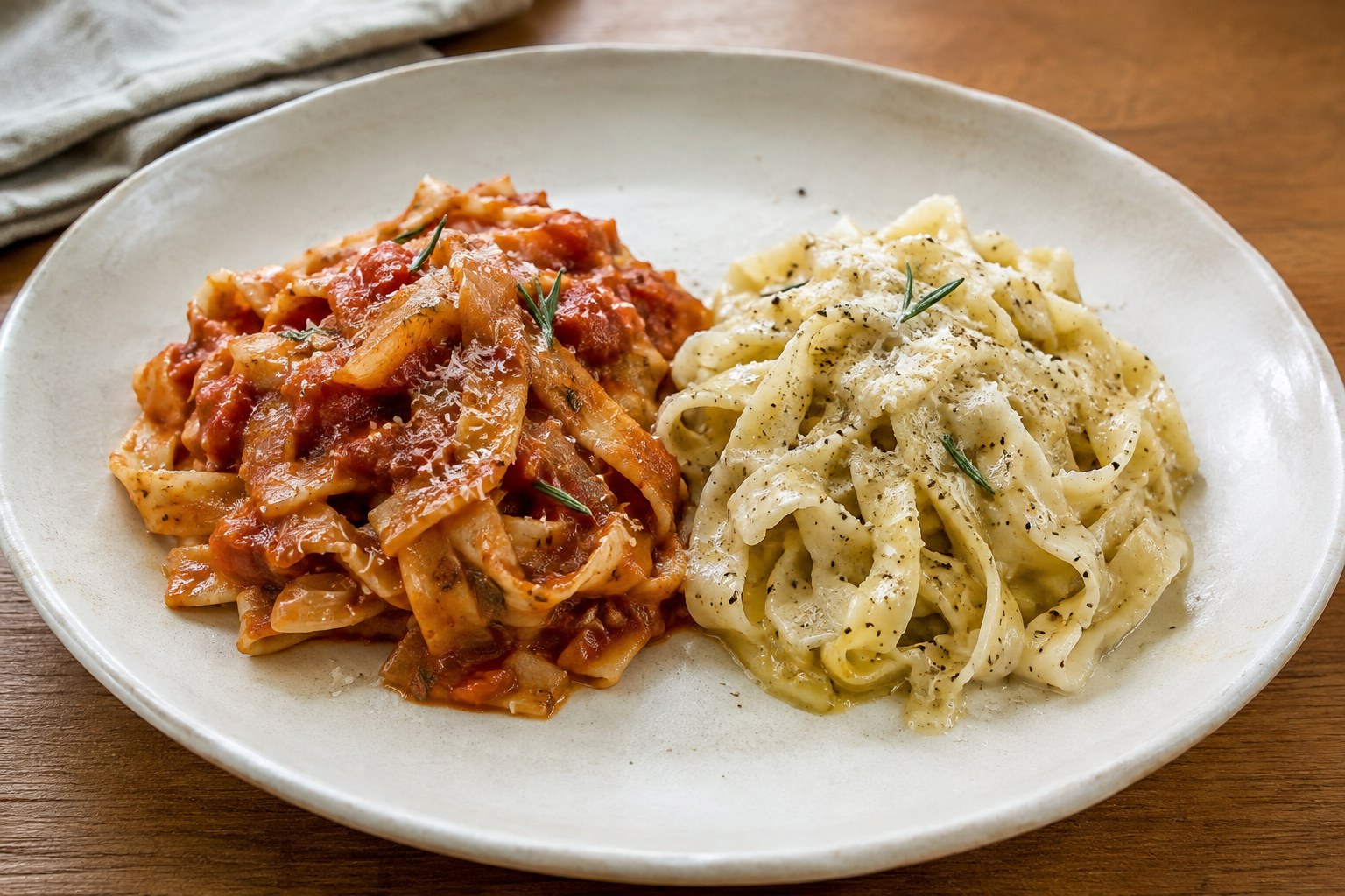 Eggless pasta with two sauces