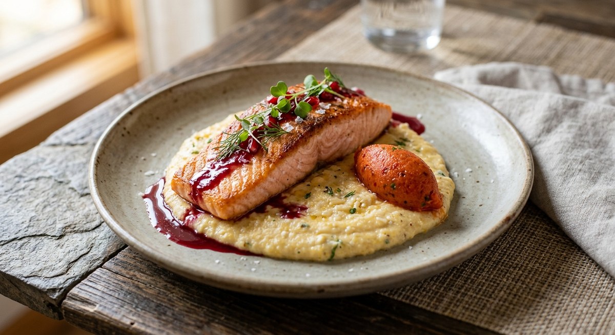 Salmon with Aratsimgali, Pomegranate Reduction, and Ajika Sorbet