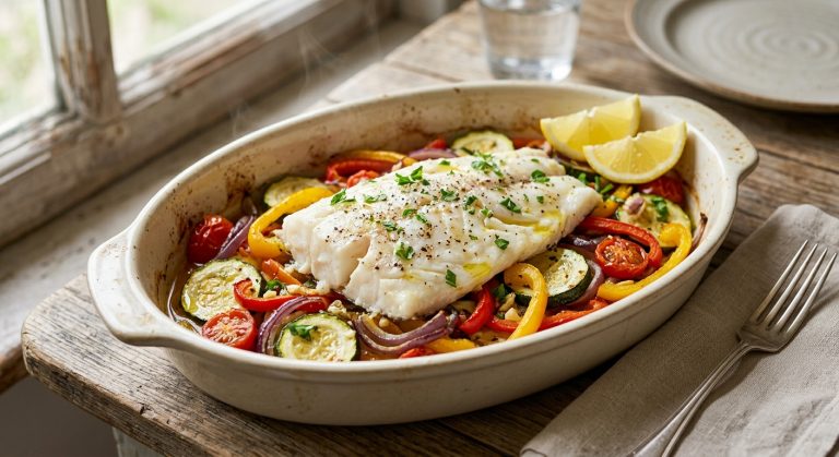 Oven baked fish on vegetables