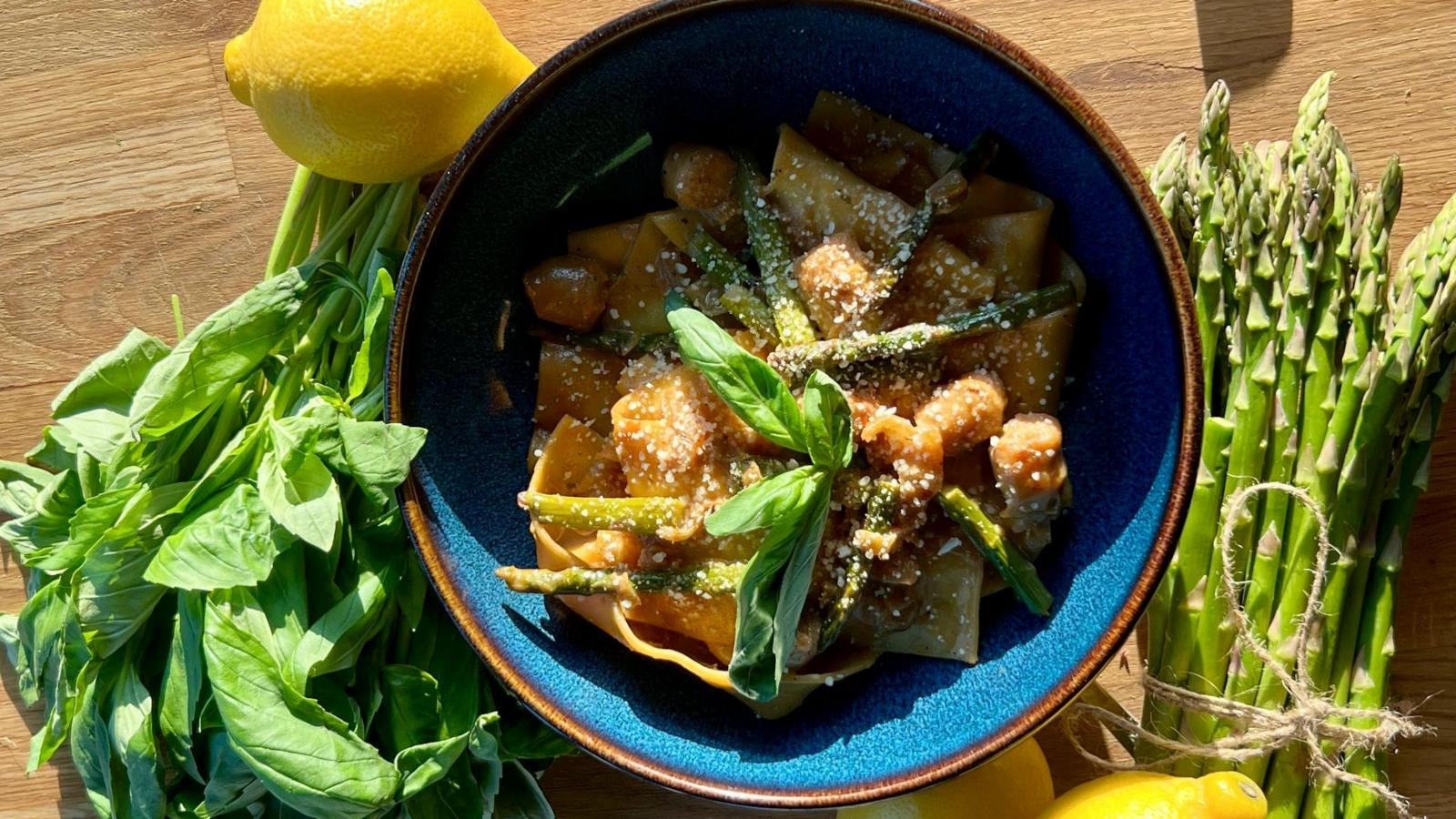 Asparagus and sausage ribbon pasta