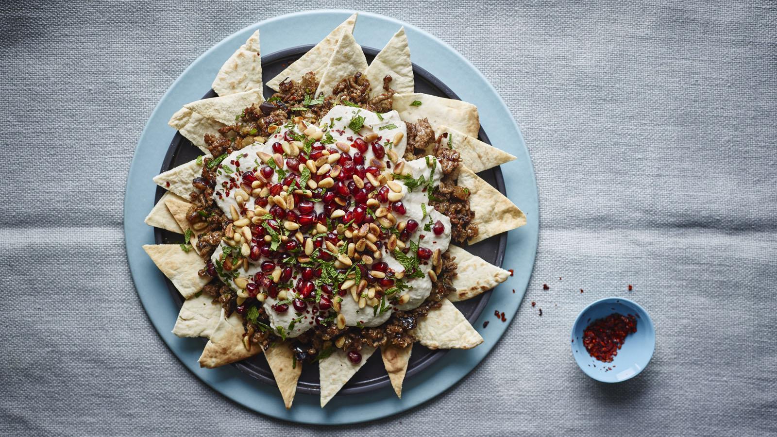 Beef and aubergine fatteh 
