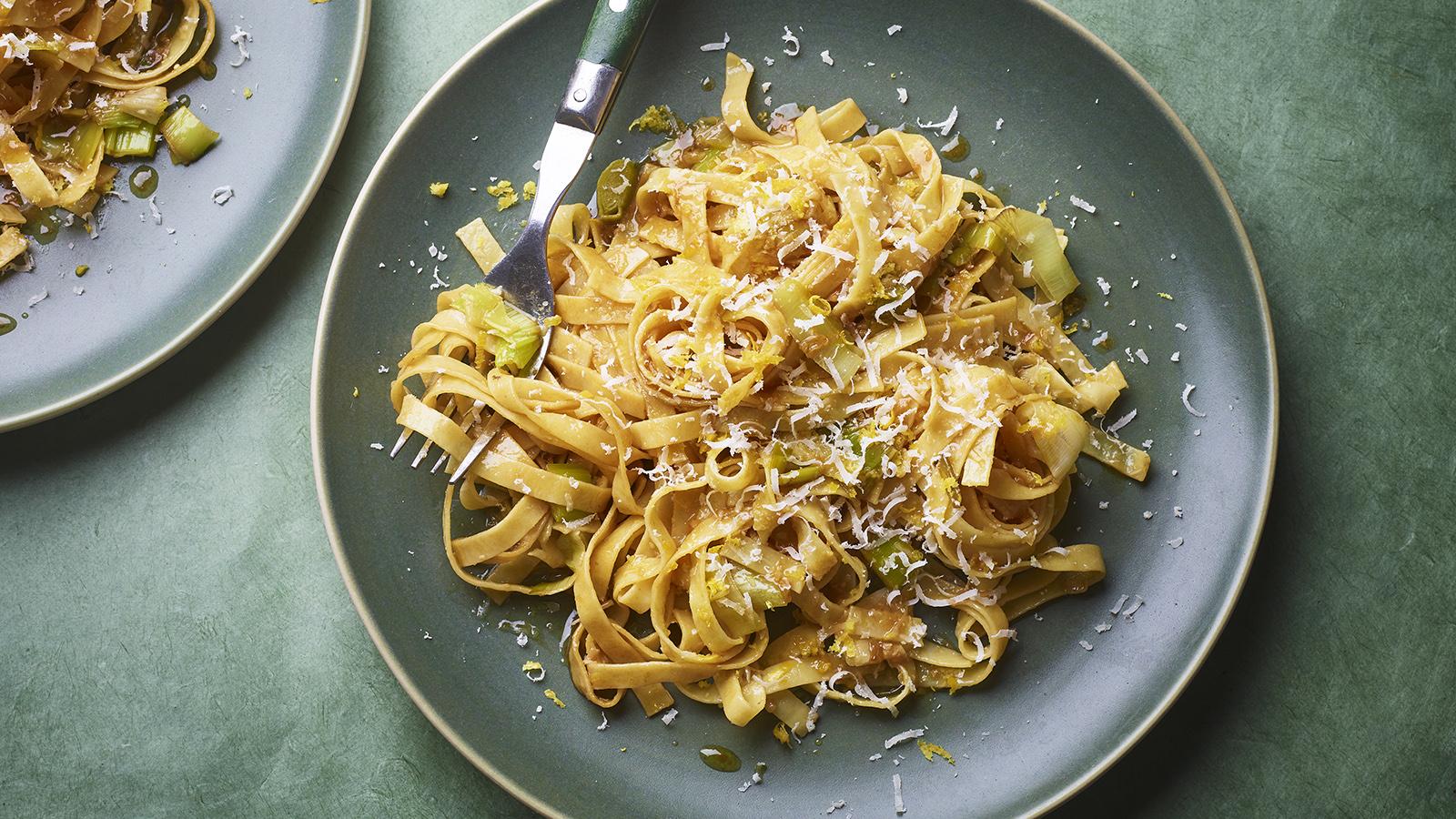 Buttery leek and soy tagliatelle with sesame oil 