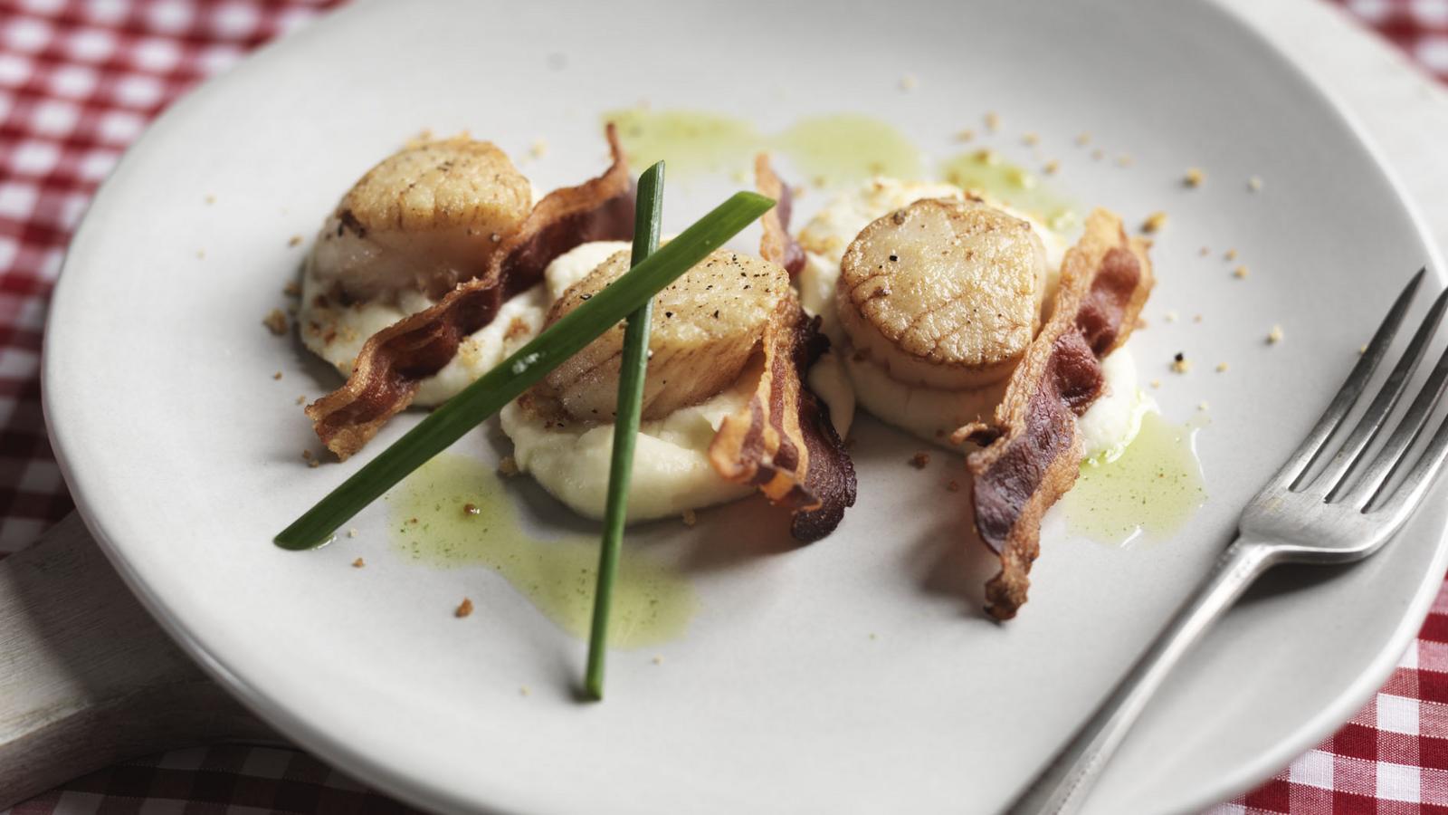 Caramelised scallops on cauliflower purée with pancetta