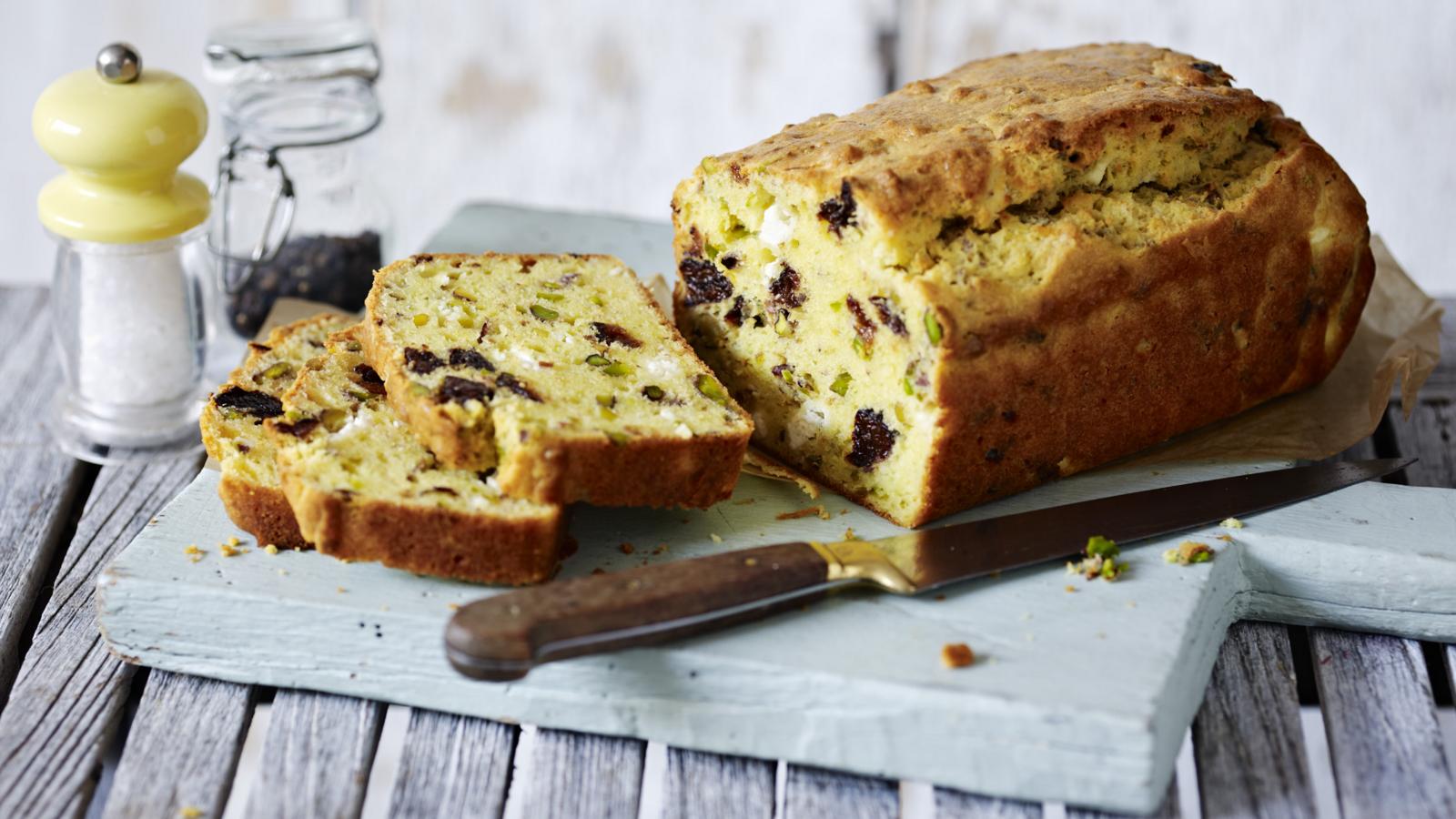 Cheese, pistachio and prune cake