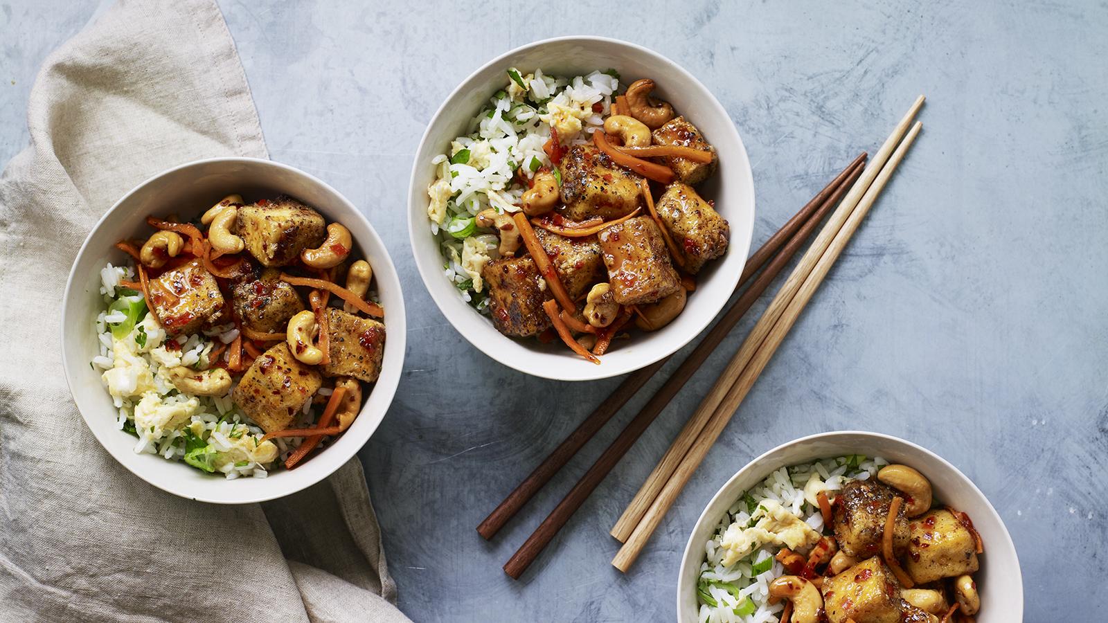 Chilli-fried tofu with egg-fried rice