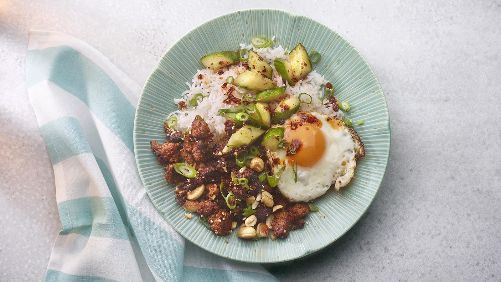 Chilli-hoisin beef bowls with spicy cucumber salad