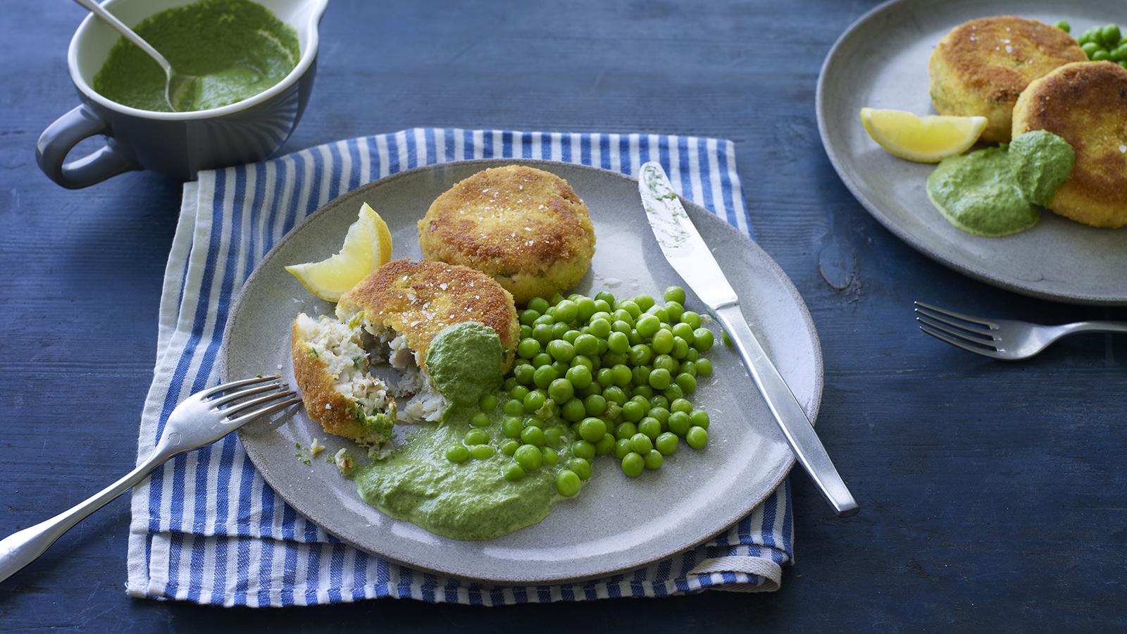 Fish cakes with masala peas and spinach sauce