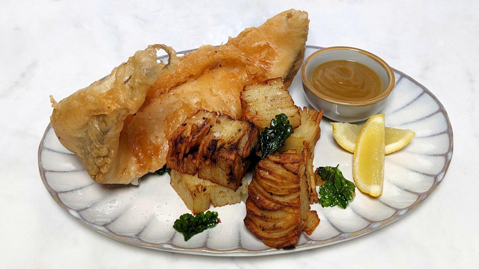 Haddock and chips with curry sauce