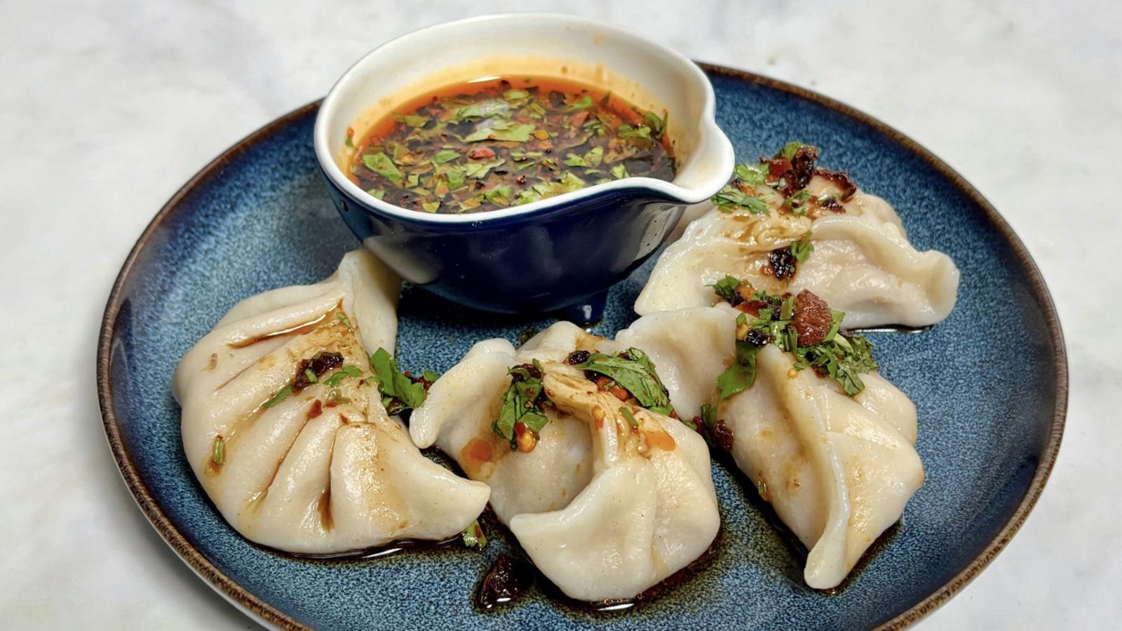 Homemade pork and prawn dumplings