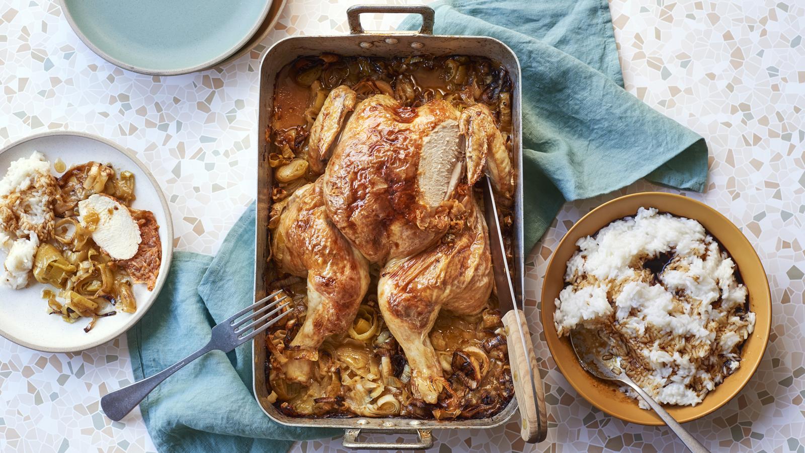 Kimchi chicken with buttery miso leeks and sticky rice