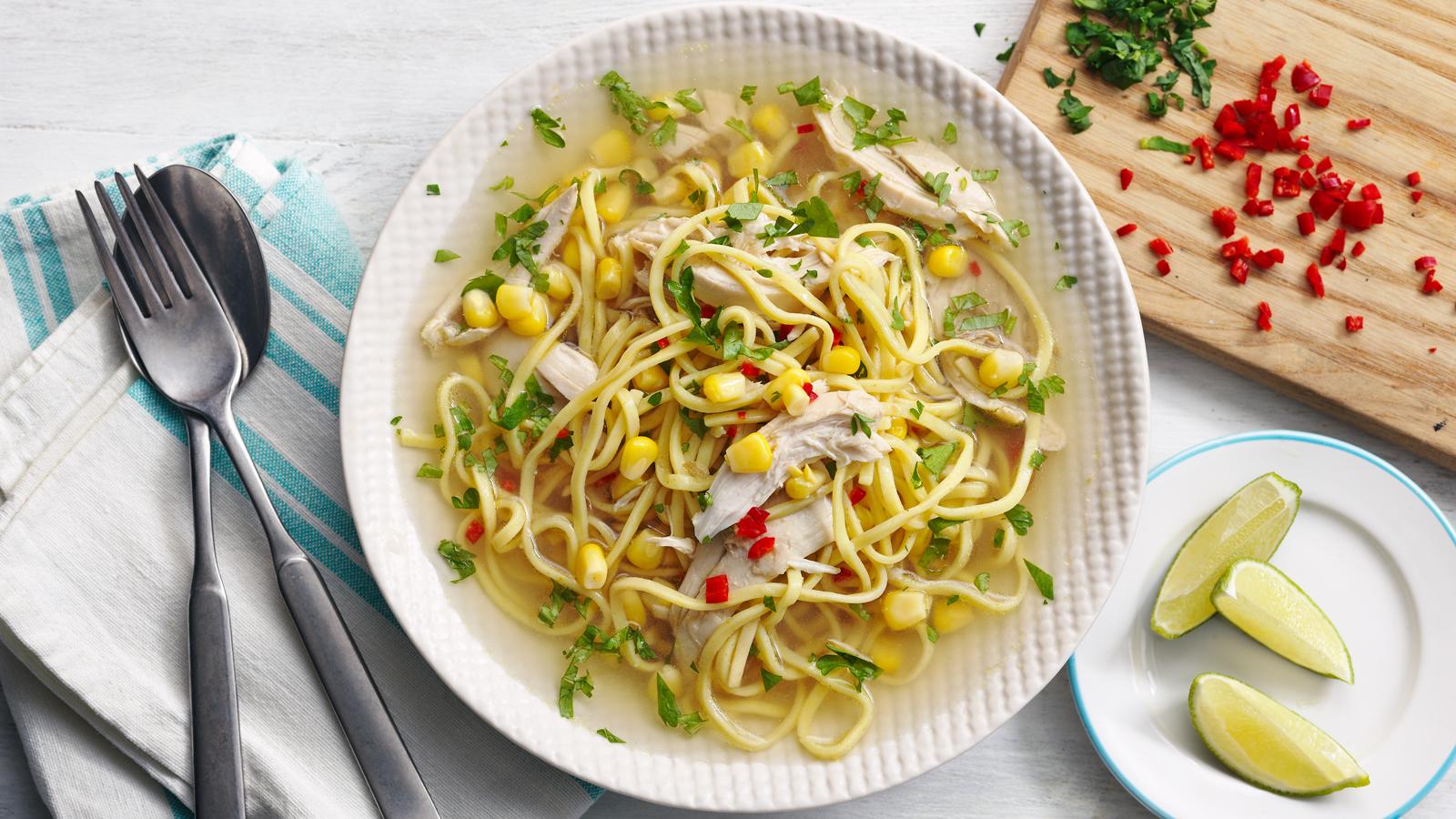 Leftover chicken and sweetcorn noodle soup 