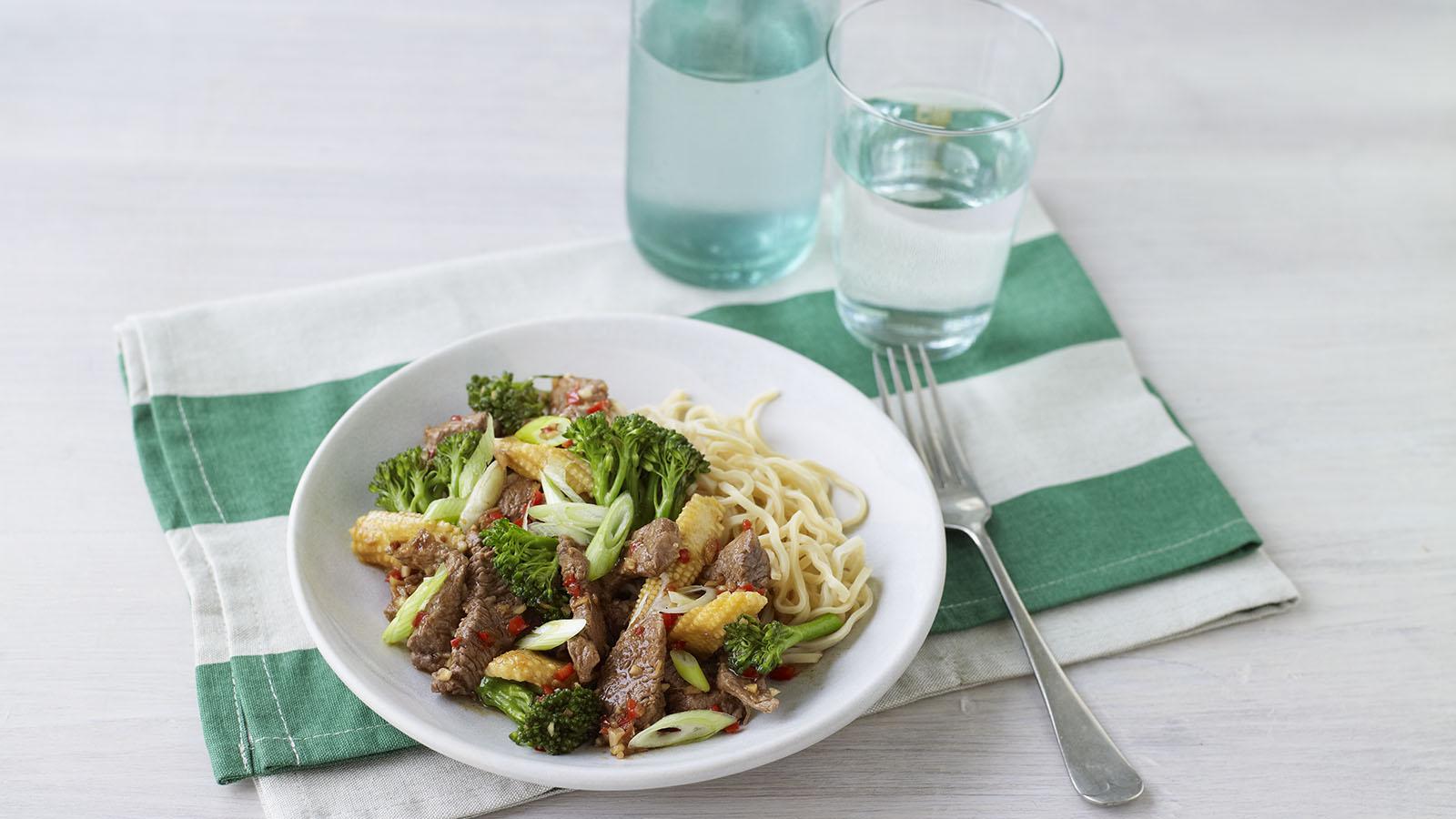 Lighter stir-fried beef with broccoli and sweetcorn