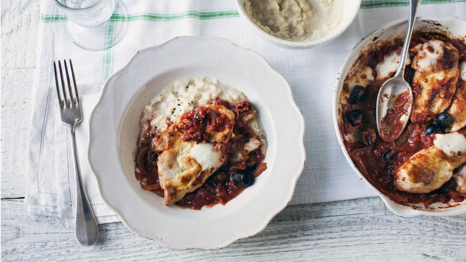 Mozzarella chicken with butter bean mash