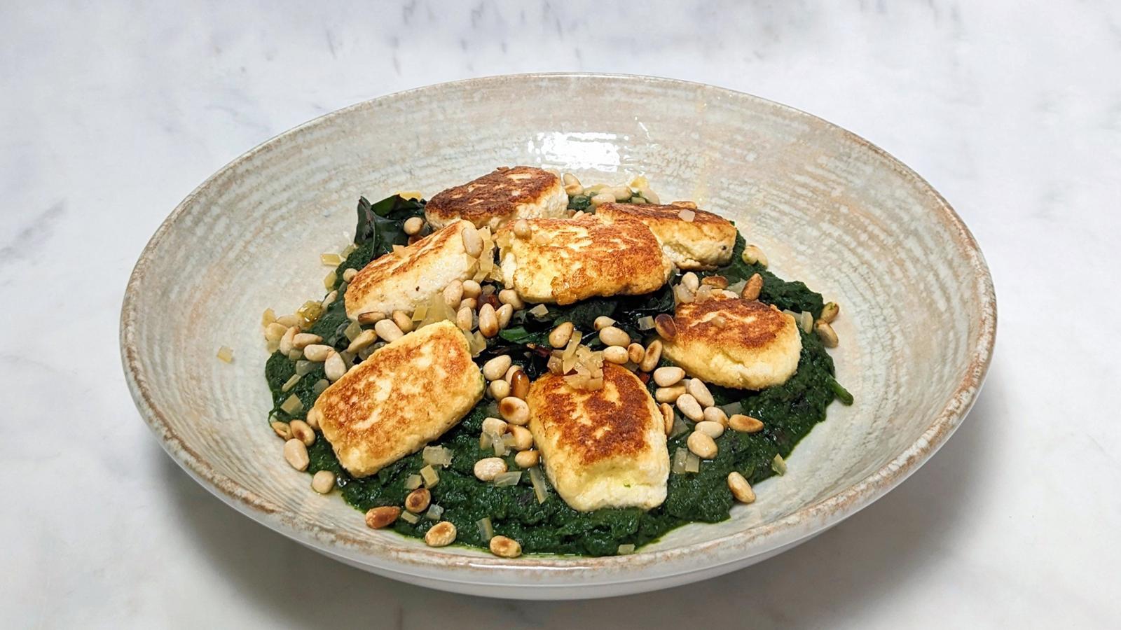 Paneer gnudi with spring saag and rainbow chard