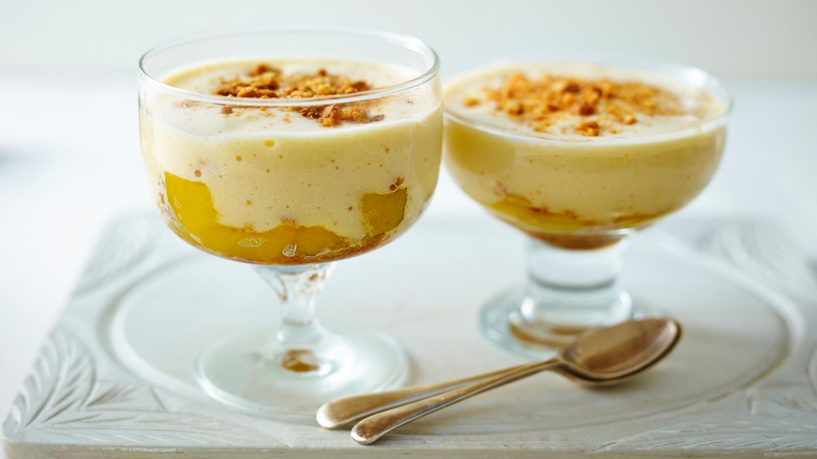 Poached peaches with zabaglione
