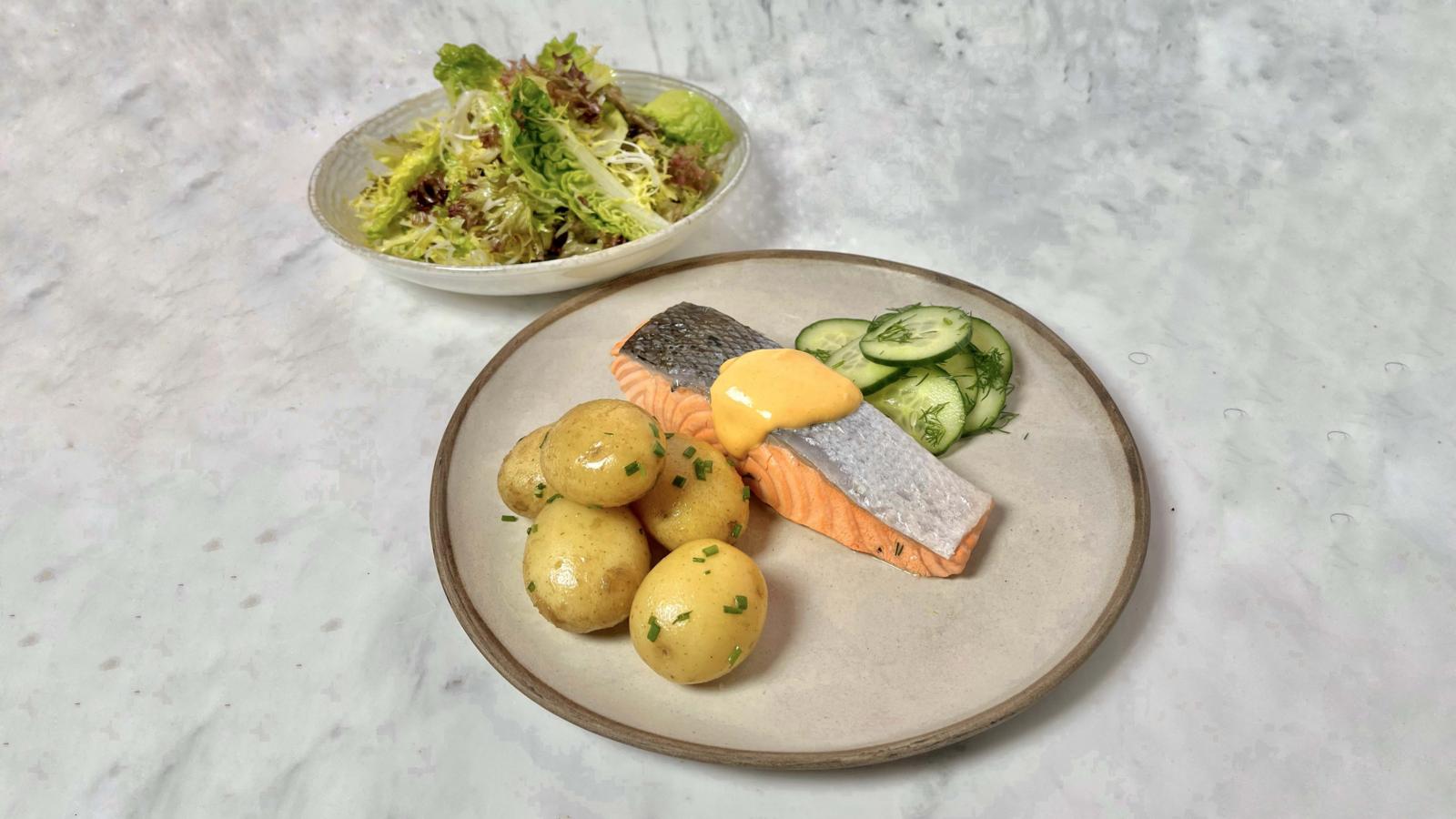 Poached salmon in court bouillon
