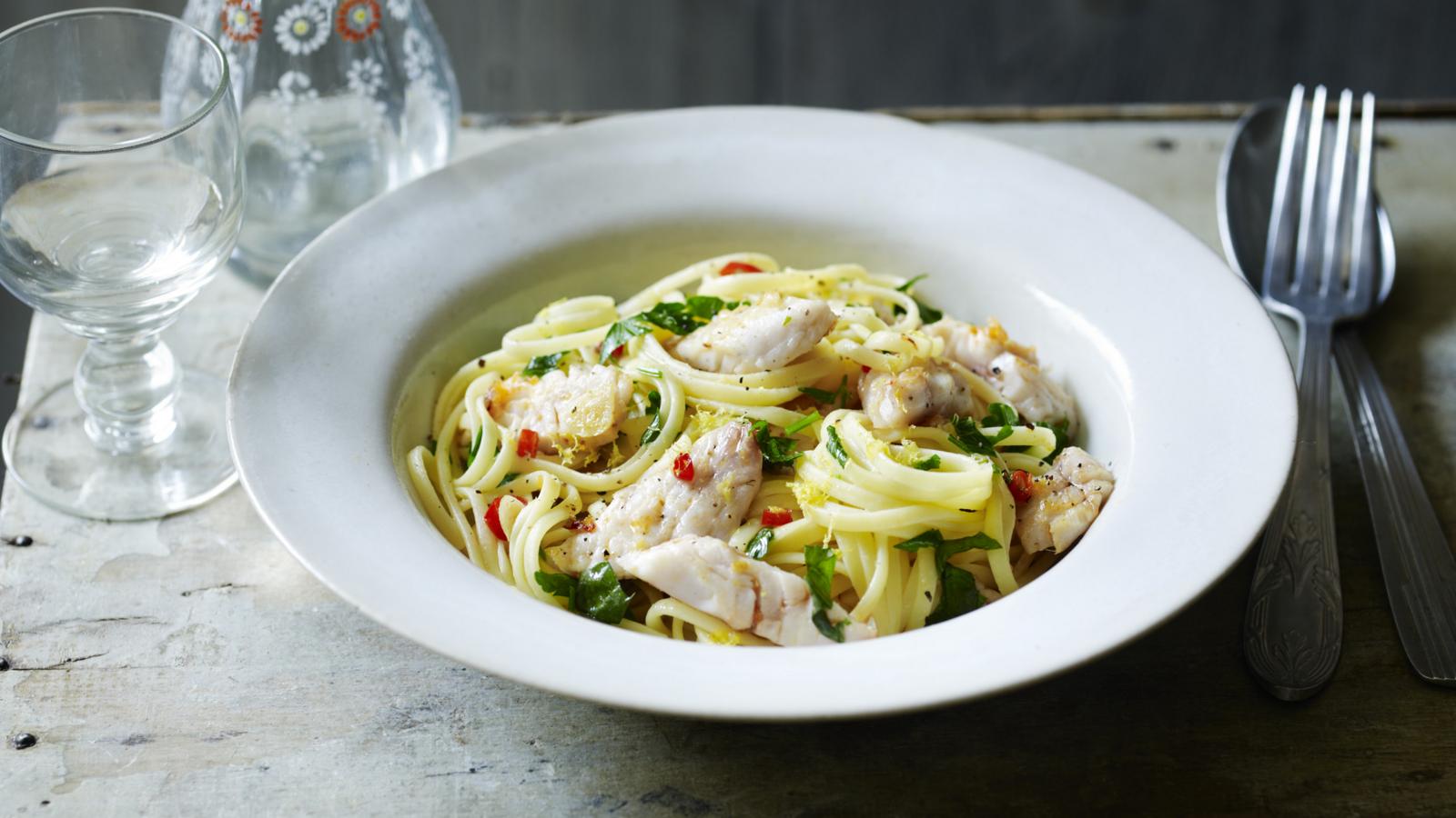 Red mullet with linguine tossed in chilli and garlic