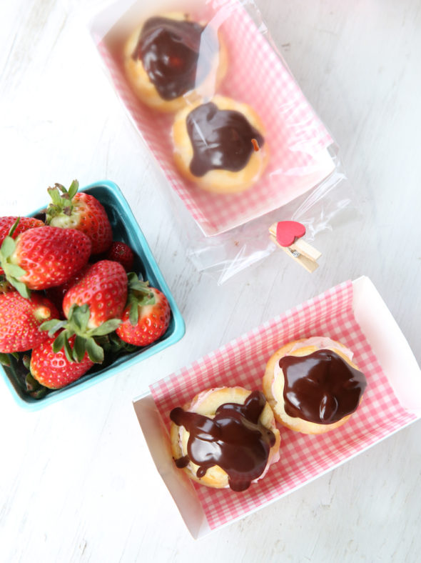 Choux with Strawberry Cream and Chocolate Glaze