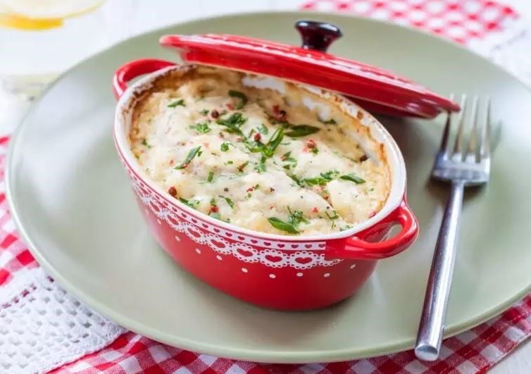 Gyoza with Chicken, Cheese, and White Mushrooms in Walnut and Onion White Sauce